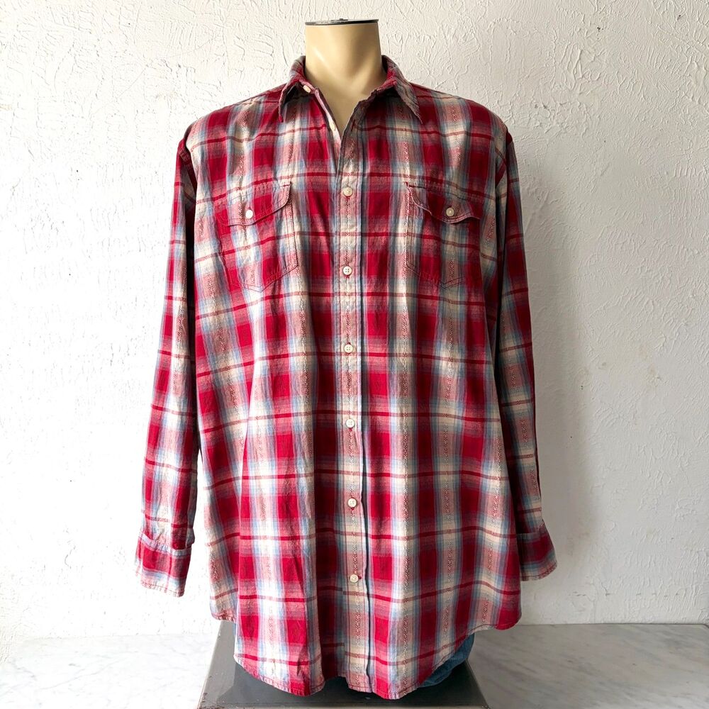 Foundry Supply Co Plaid Shirt Mens 2XLT Red Blue Button Front Cotton Long Sleeve